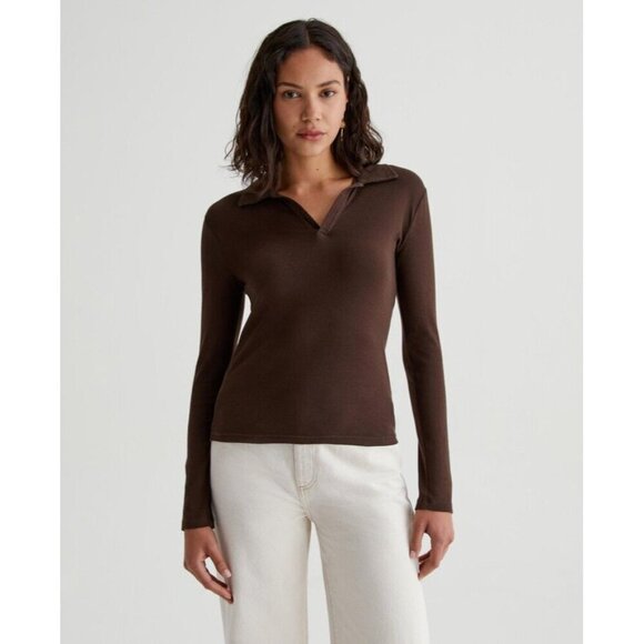 AG Los Angeles Brown Cotton Long Sleeve Collar Top Women's Size S - Picture 1 of 10